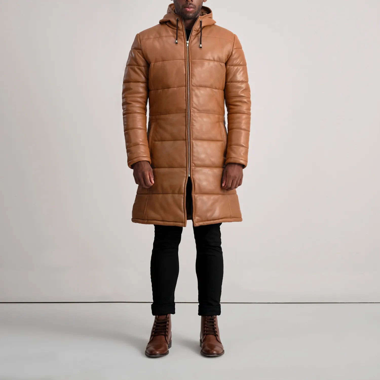 Floyd Tan Hooded Leather Puffer Coat - image 3