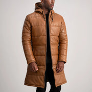 Floyd Tan Hooded Leather Puffer Coat - image 1