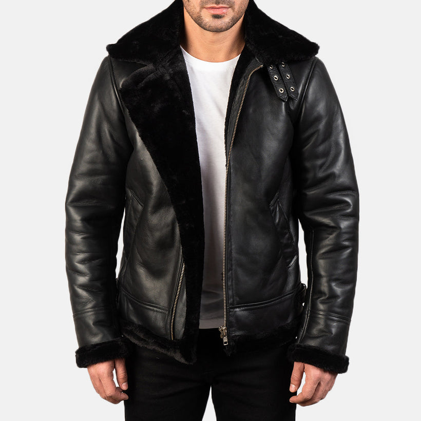 Francis B-3 Black & Cream Leather Bomber Jacket