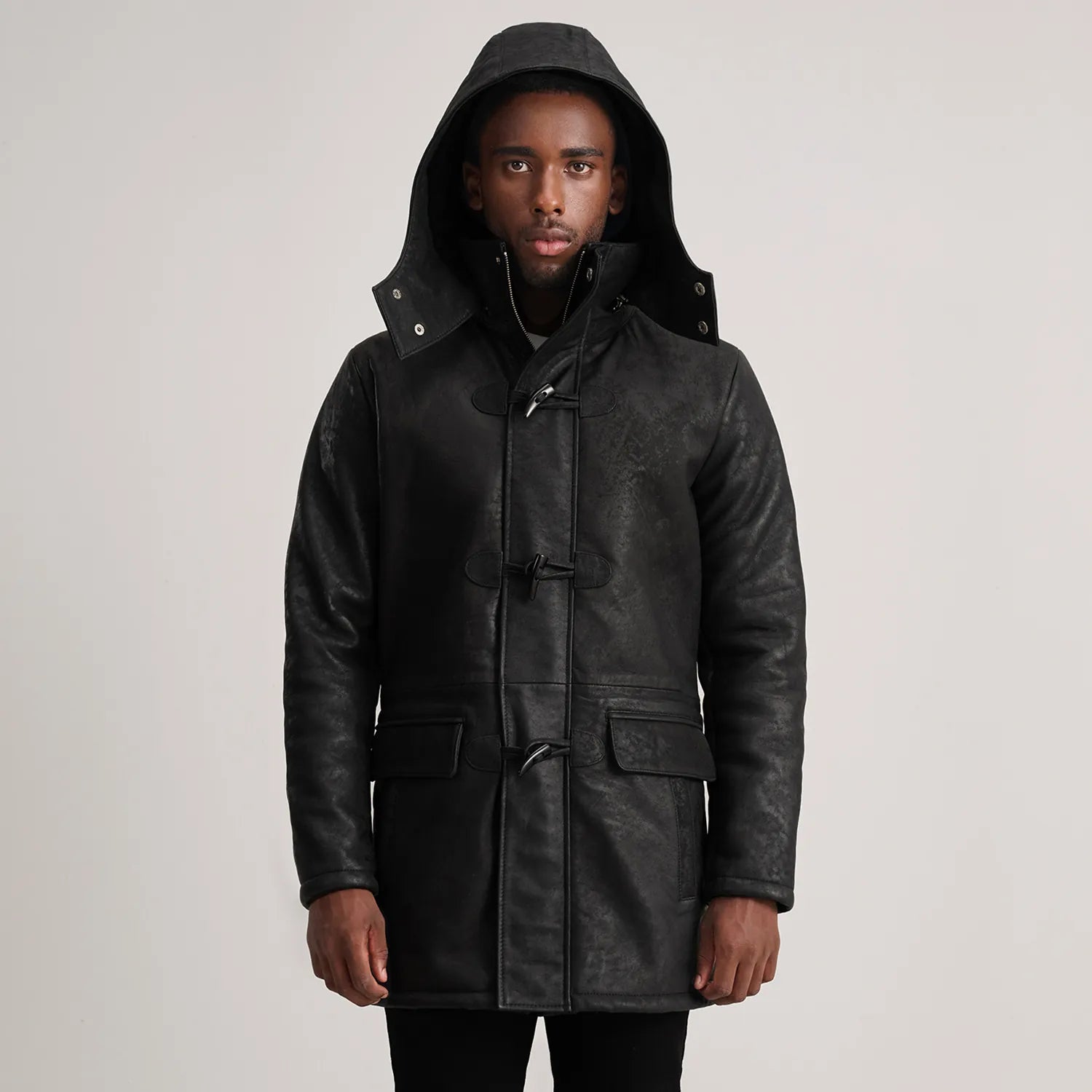 Nolan Distressed Black Leather Duffle Coat - image 4