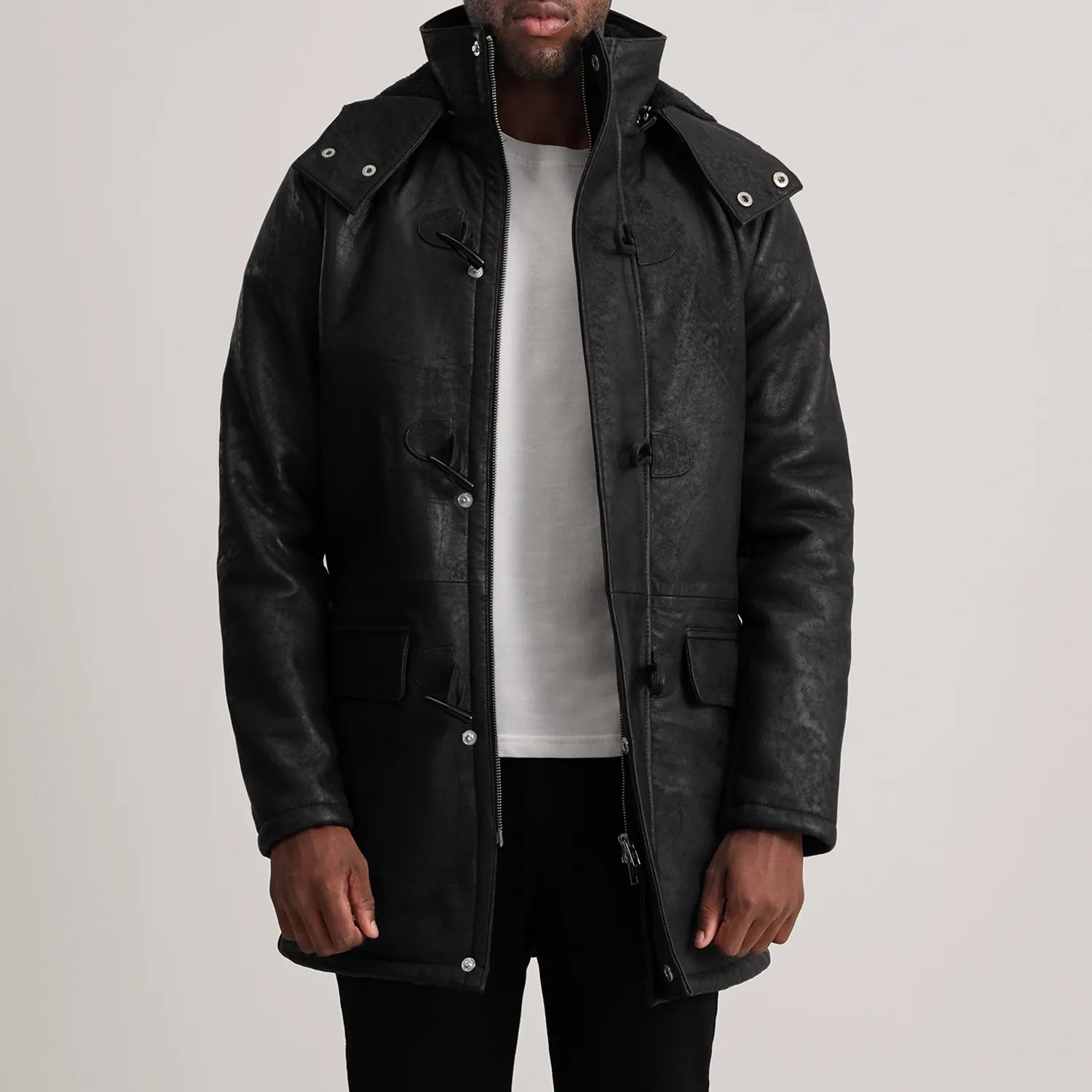 Nolan Distressed Black Leather Duffle Coat - image 1