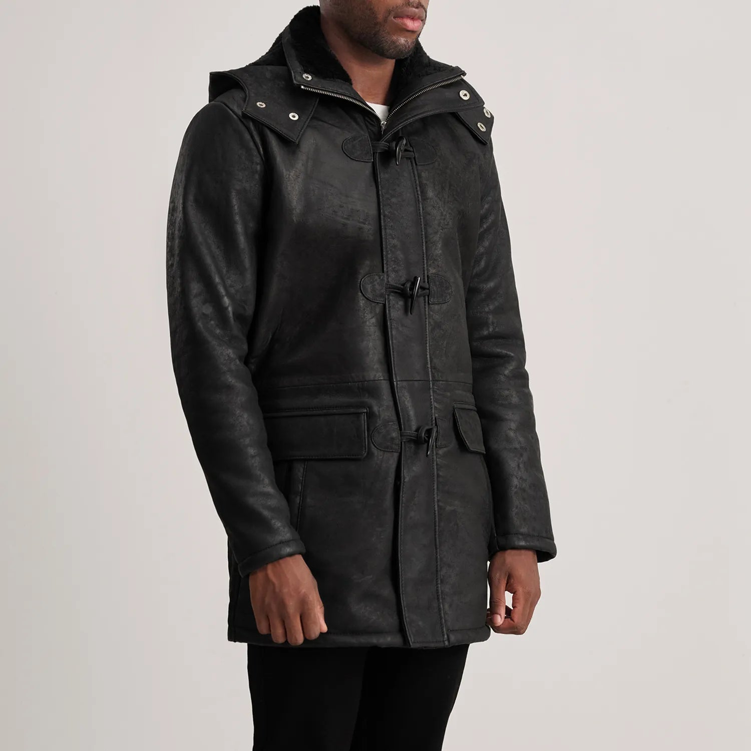 Nolan Distressed Black Leather Duffle Coat - image 2