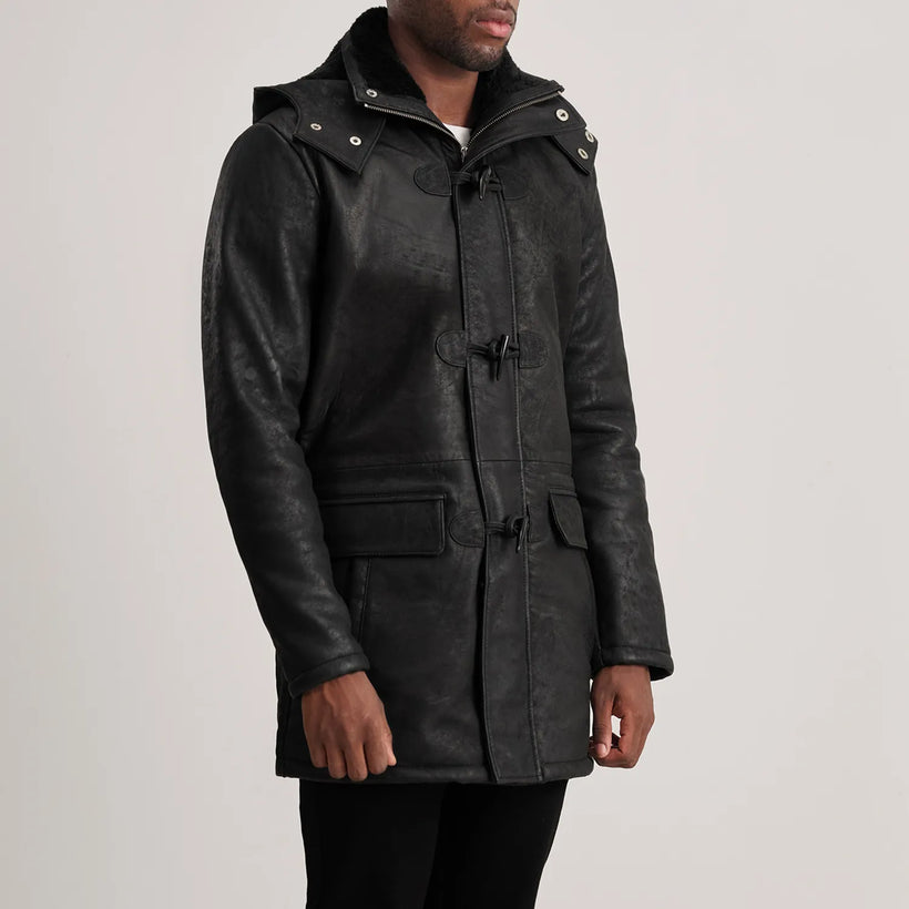 Nolan Distressed Black Leather Duffle Coat - image 1