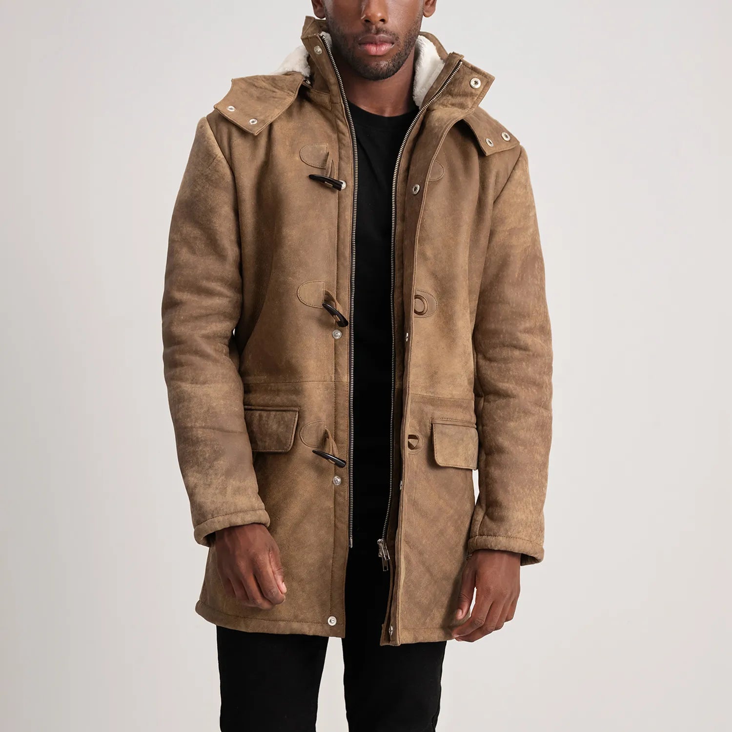 Nolan Distressed Brown Leather Duffle Coat - image 1