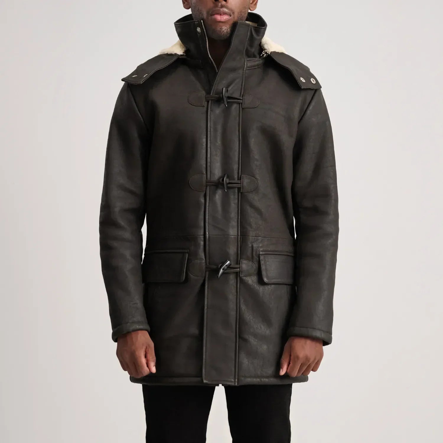 Nolan Tumbled Brown Leather Duffle Coat - image 1