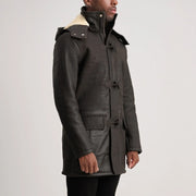 Nolan Tumbled Brown Leather Duffle Coat - image 2