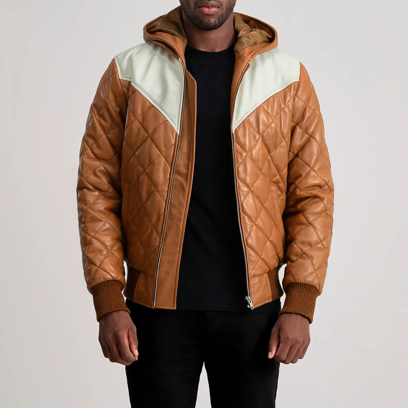 Norman Black Hooded Bomber Leather Puffer Jacket