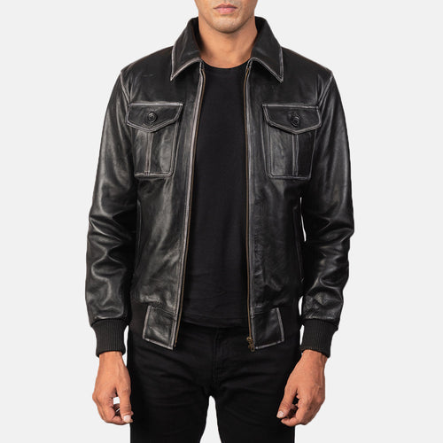 Aaron Black Leather Bomber Jacket - image 1