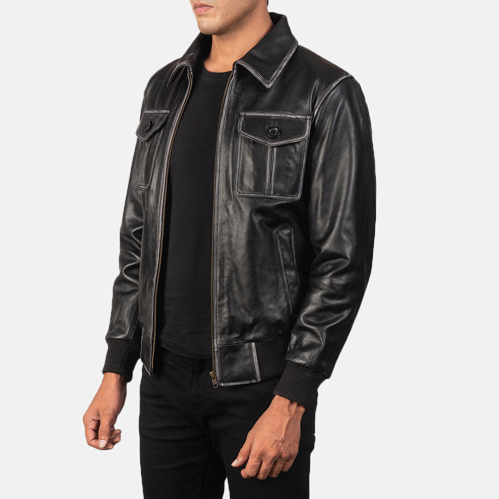Aaron Black Leather Bomber Jacket - image 2