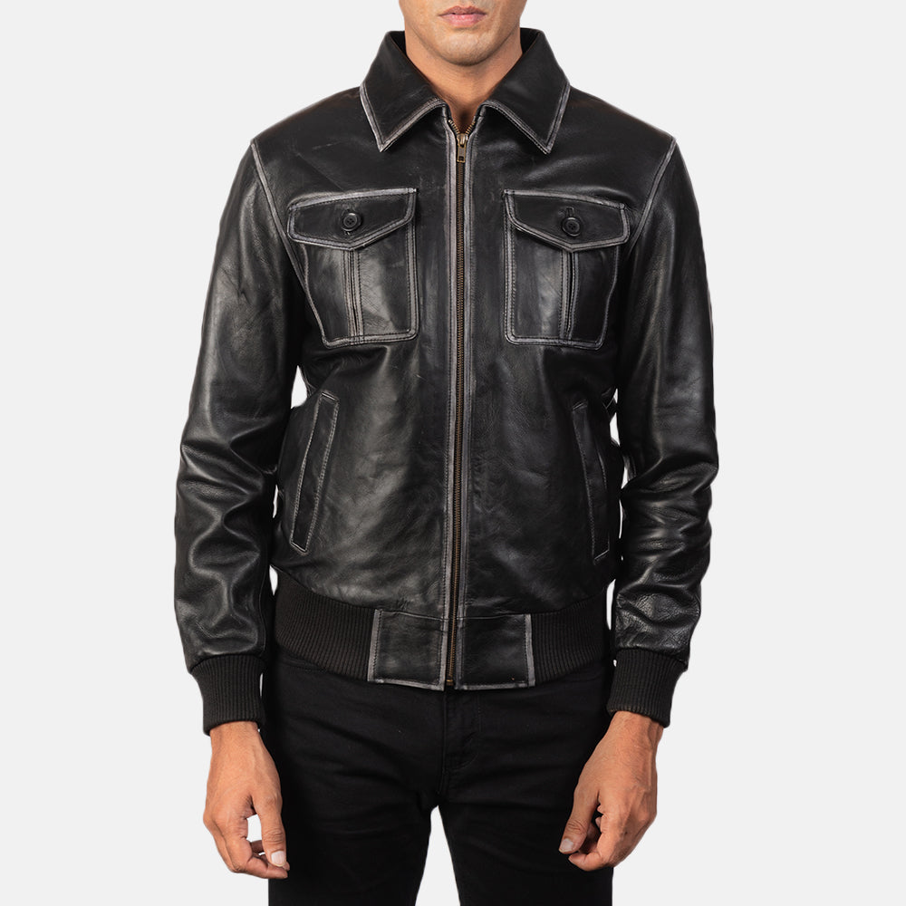 Aaron Black Leather Bomber Jacket - image 4
