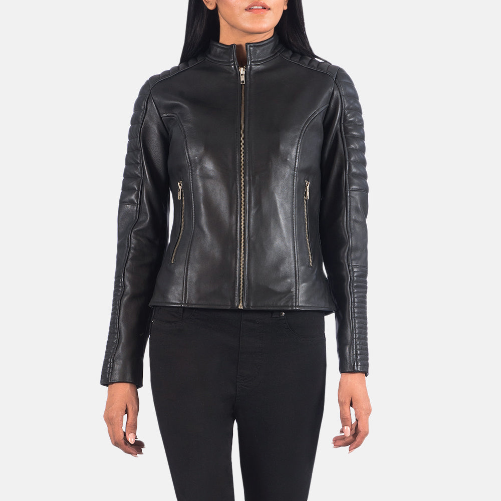 Adalyn Quilted Black Leather Biker Jacket – alternate product view 2