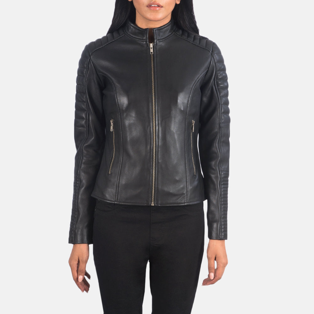 Adalyn Quilted Black Leather Biker Jacket – alternate product view 4