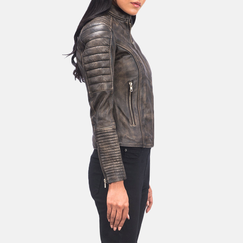 Adalyn Quilted Distressed Brown Leather Biker Jacket – alternate product view 2