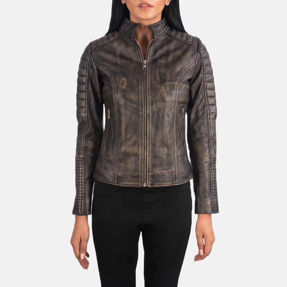 Adalyn Quilted Distressed Brown Leather Biker Jacket - image 4