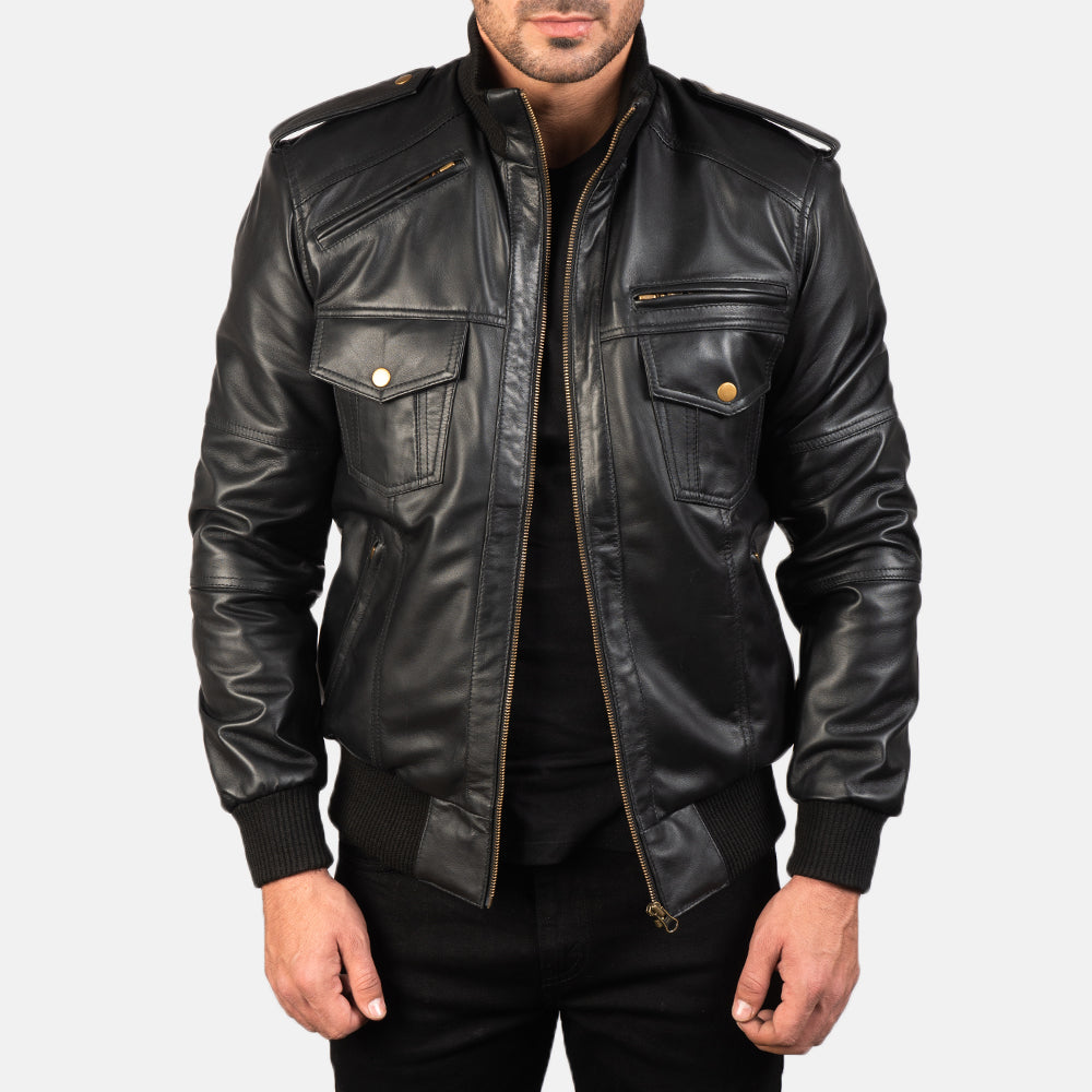 Agent Shadow Black Leather Bomber Jacket – alternate product view 1