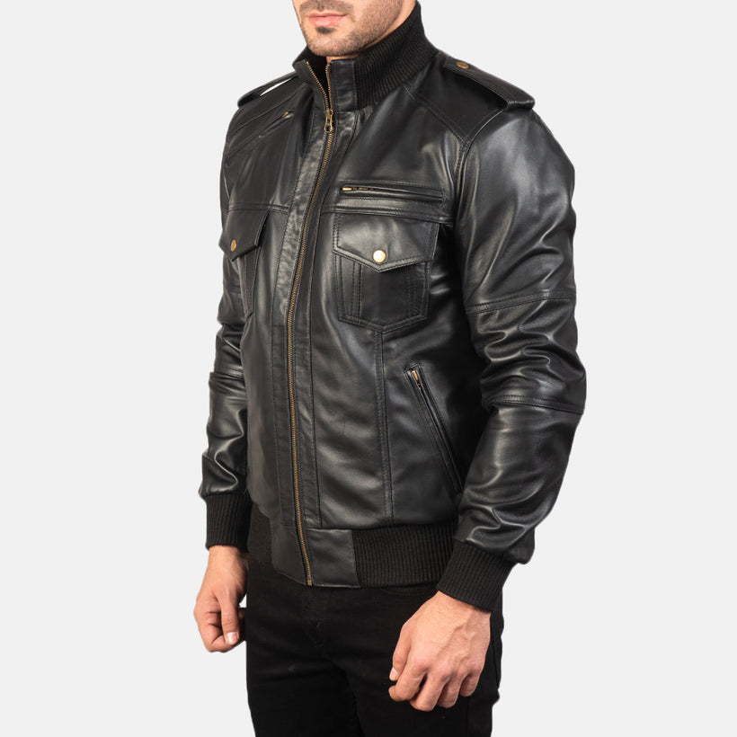 Agent Shadow Black Leather Bomber Jacket – alternate product view 2