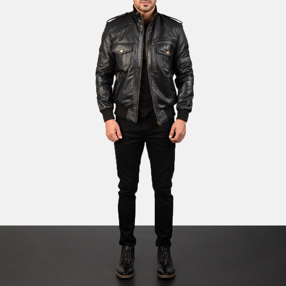 Agent Shadow Black Leather Bomber Jacket – alternate product view 3