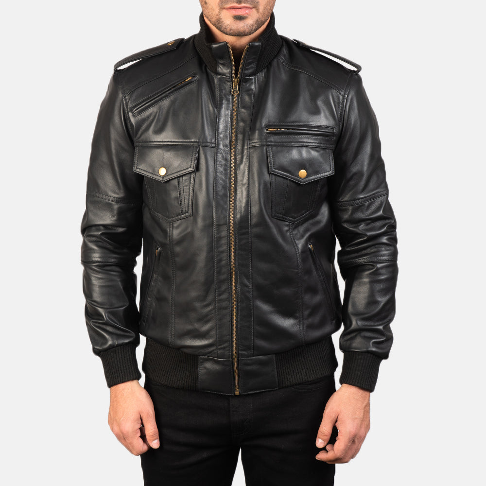 Agent Shadow Black Leather Bomber Jacket – alternate product view 4