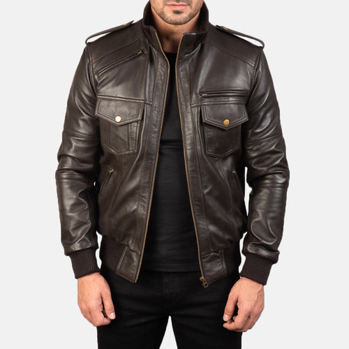 Agent Shadow Brown Leather Bomber Jacket - image 1