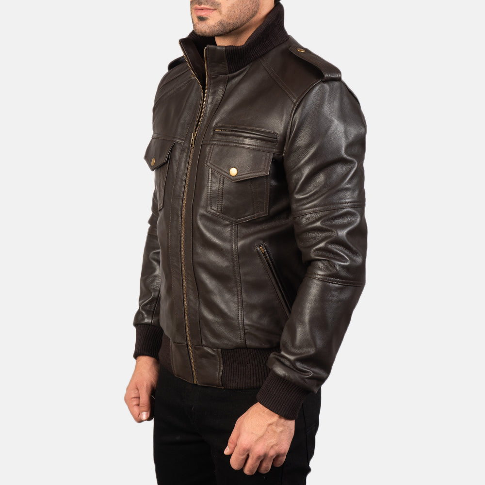 Agent Shadow Brown Leather Bomber Jacket – alternate product view 2