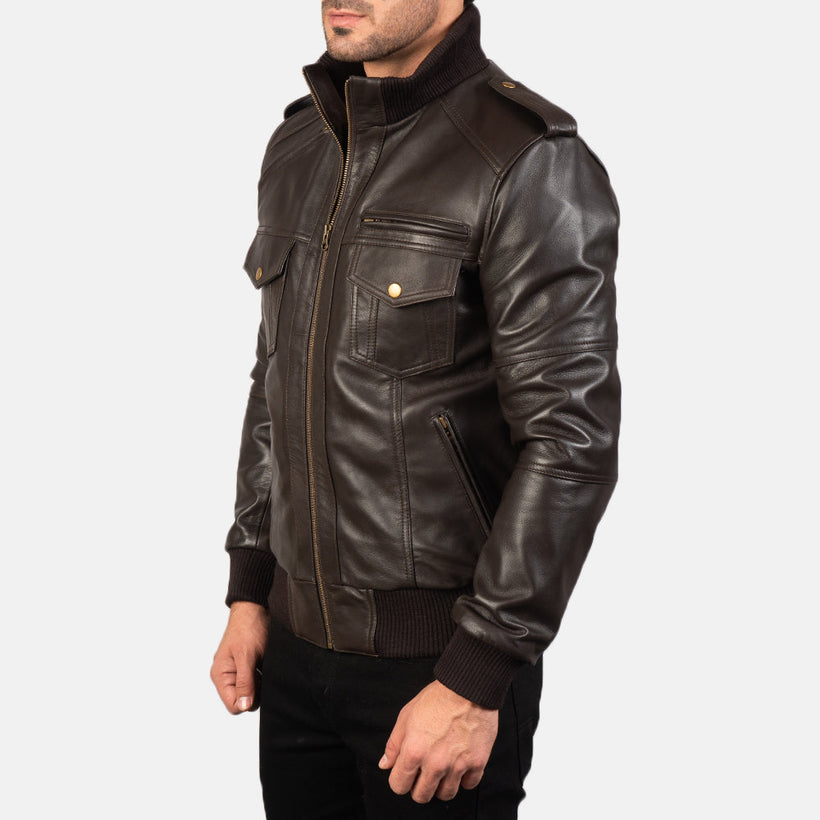 Agent Shadow Brown Leather Bomber Jacket – alternate product view 2