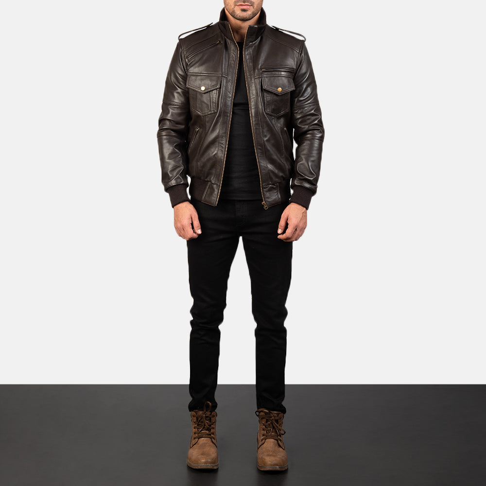 Agent Shadow Brown Leather Bomber Jacket – alternate product view 3