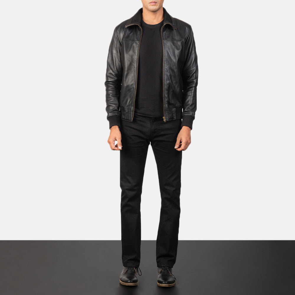 Air Rolf Black Leather Bomber Jacket – alternate product view 3