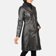 Close-Up Detail of Notch & Buttons Hardware on Women's Alexis Black Single Breasted Leather Coat