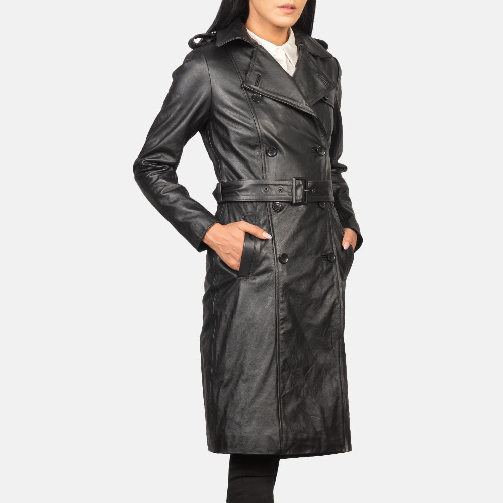 Alice Black Double-Breasted Leather Coat – alternate product view 4