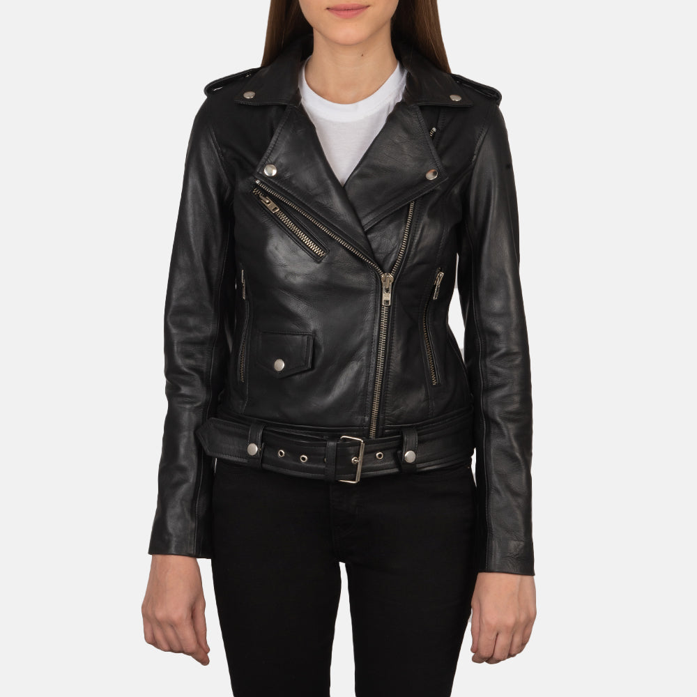 Alison Black Leather Biker Jacket - image 1