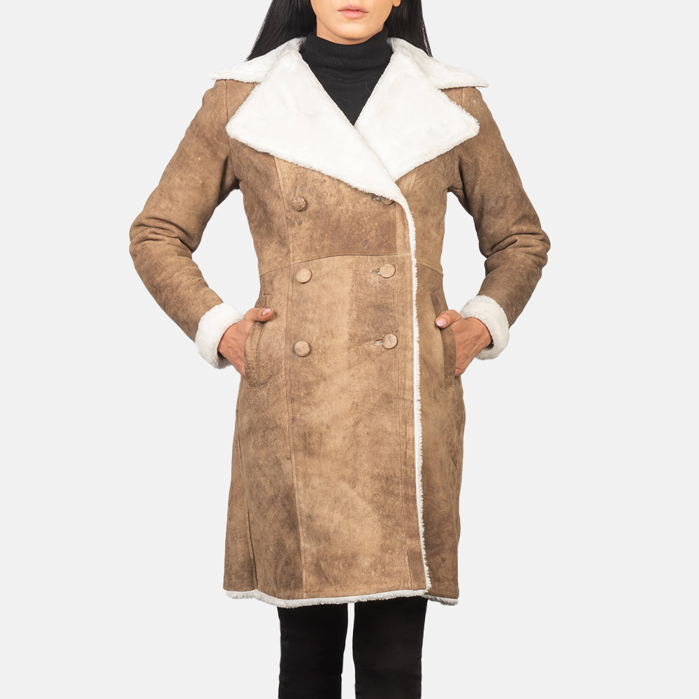 Amie Distressed Brown Double Breasted Shearling Coat - image 3