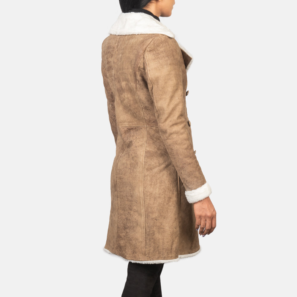 Amie Distressed Brown Double Breasted Shearling Coat - image 5