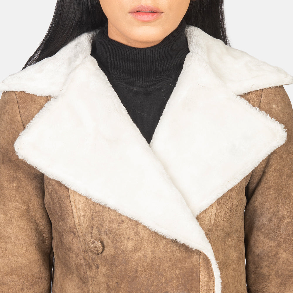 Amie Distressed Brown Double Breasted Shearling Coat - image 6