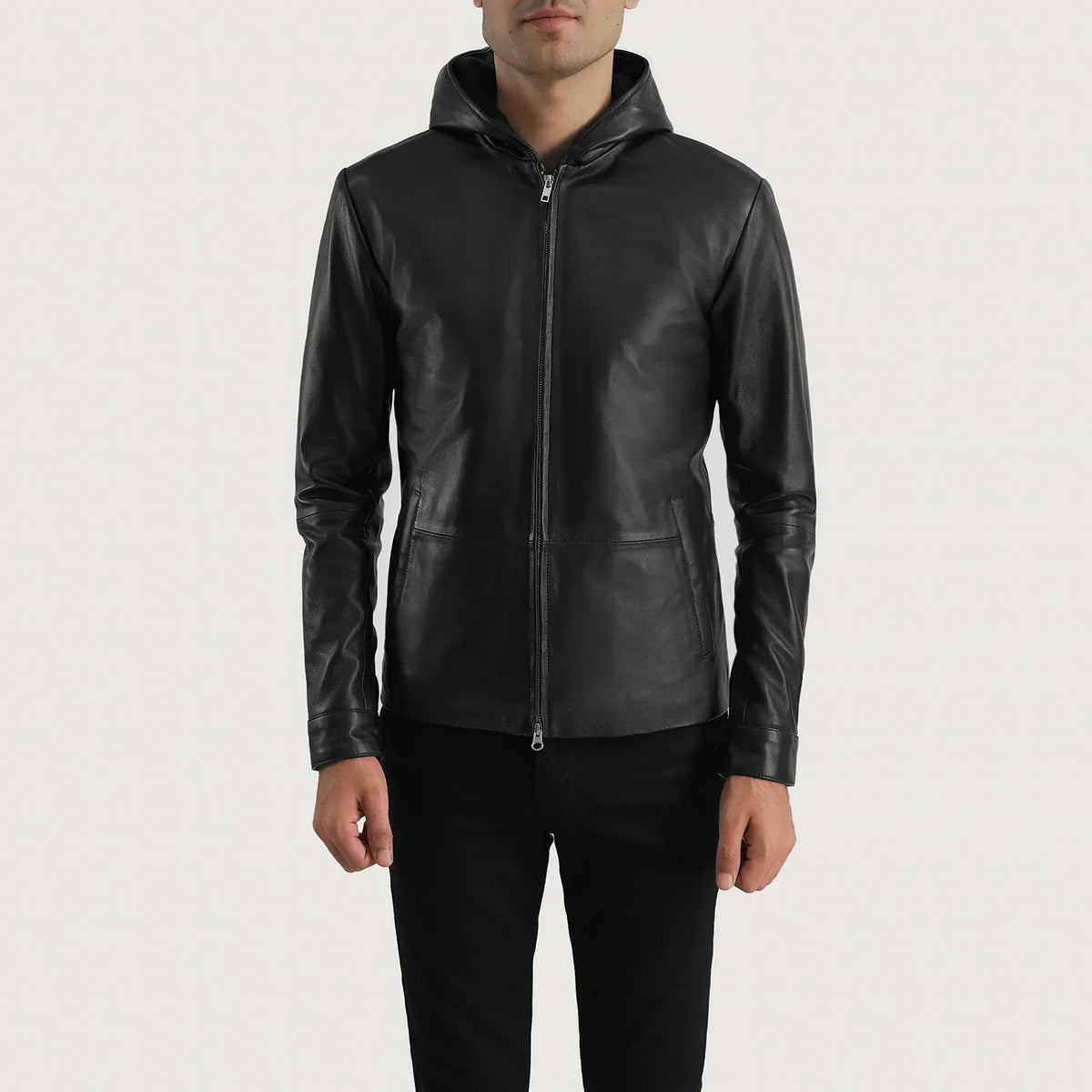 Men's Andy Matte Black Hooded Leather Jacket in Matte Black Sheepskin Leather - Front Profile View & Tailored Silhouette | Buy Online