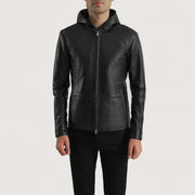 Men's Andy Matte Black Hooded Leather Jacket in Matte Black Sheepskin Leather - Front Profile View & Tailored Silhouette | Buy Online