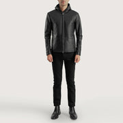 Close-Up Detail of Hooded & Zipper Hardware on Men's Andy Matte Black Hooded Leather Jacket