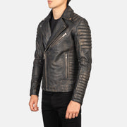 Styled Fit Perspective of Men's Armand Green Suede Biker Jacket on Model - Natural Daylight Drape