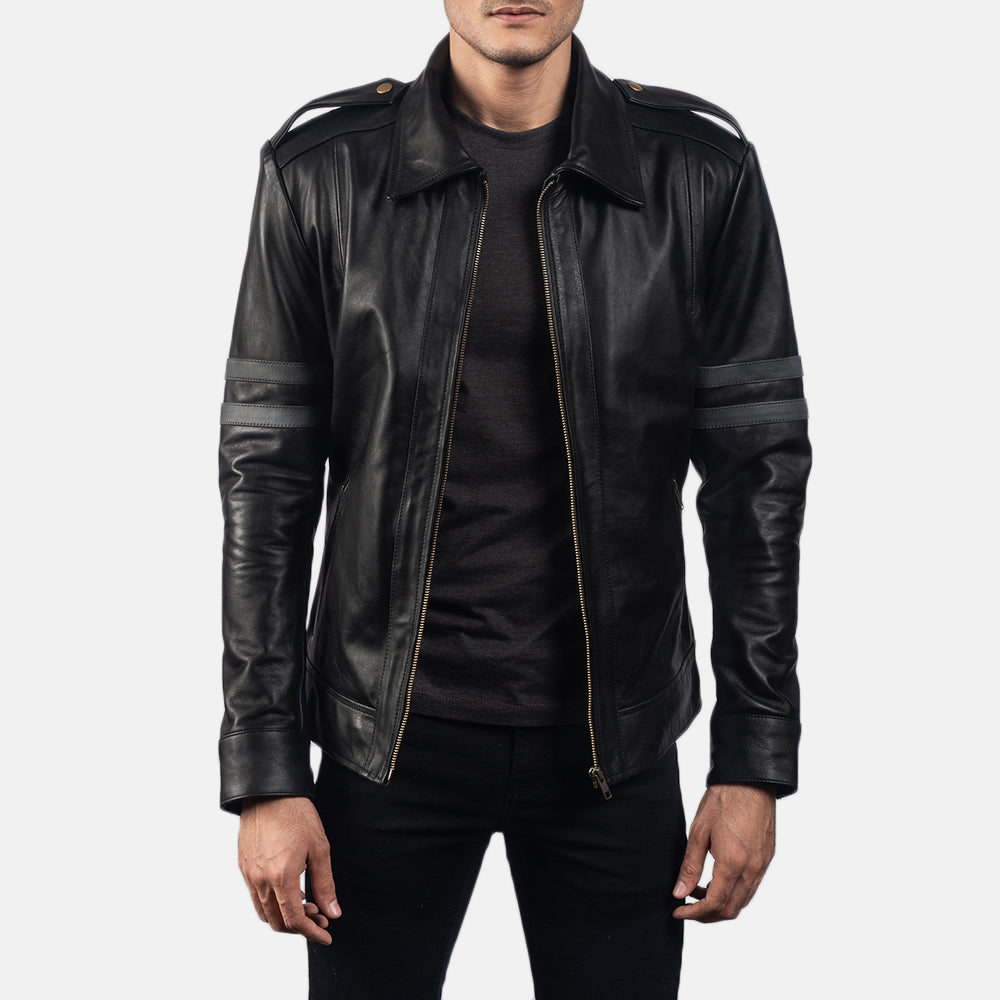 Close-Up Detail of Shirt & Zipper Hardware on Armstrong Black Leather Biker Jacket