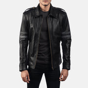 Close-Up Detail of Shirt & Zipper Hardware on Armstrong Black Leather Biker Jacket