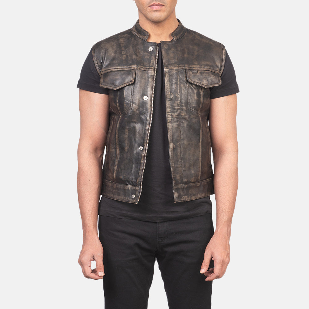 Atlas Moto Distressed Brown Leather Vest - image 1