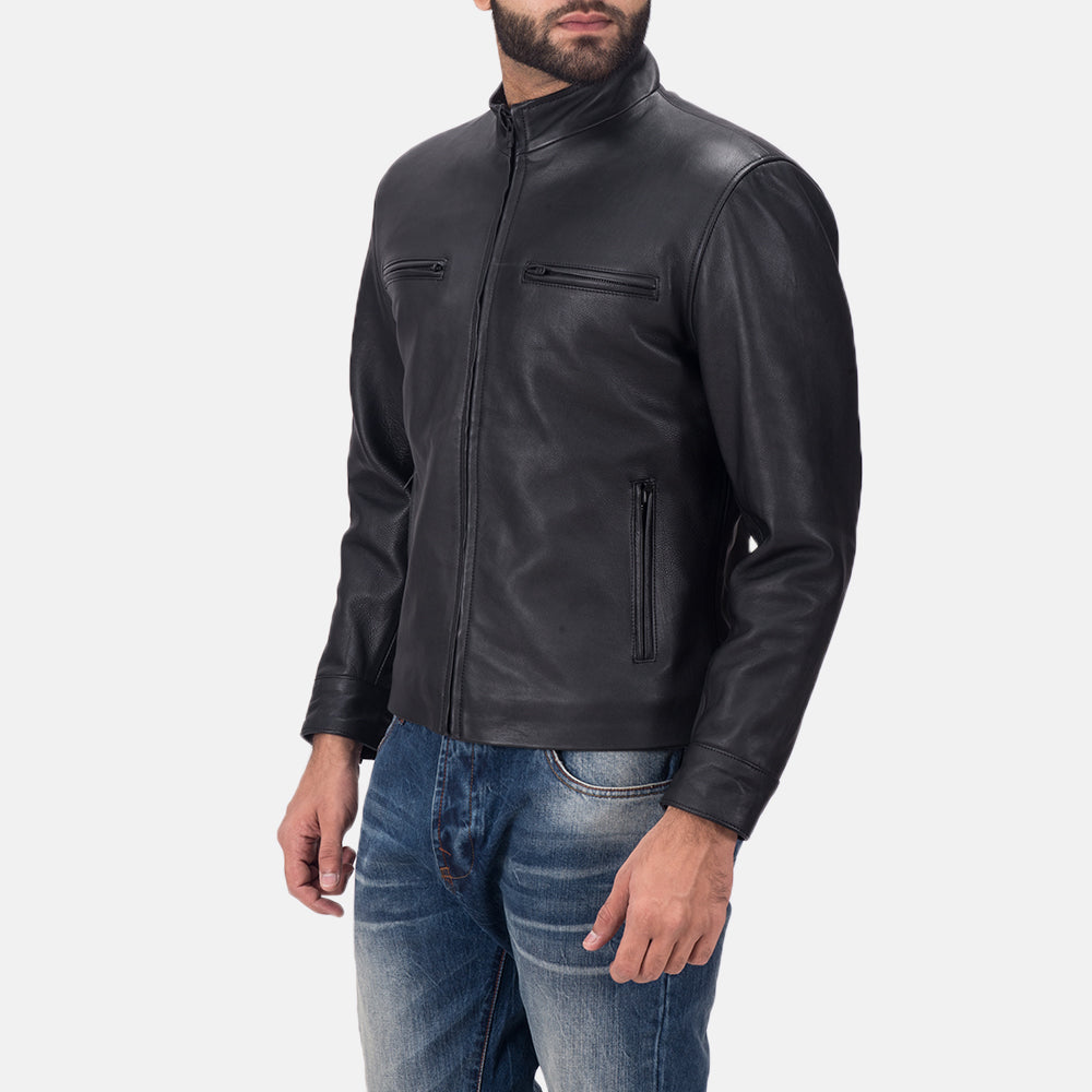 Black Calfskin Matte Biker Jacket - Back View Showing Tailored Shoulder Fit & Clean Hemline