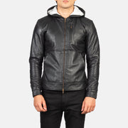 Close-Up Detail of Hooded & Zipper Hardware on Men's Baston Black Hooded Leather Bomber Jacket