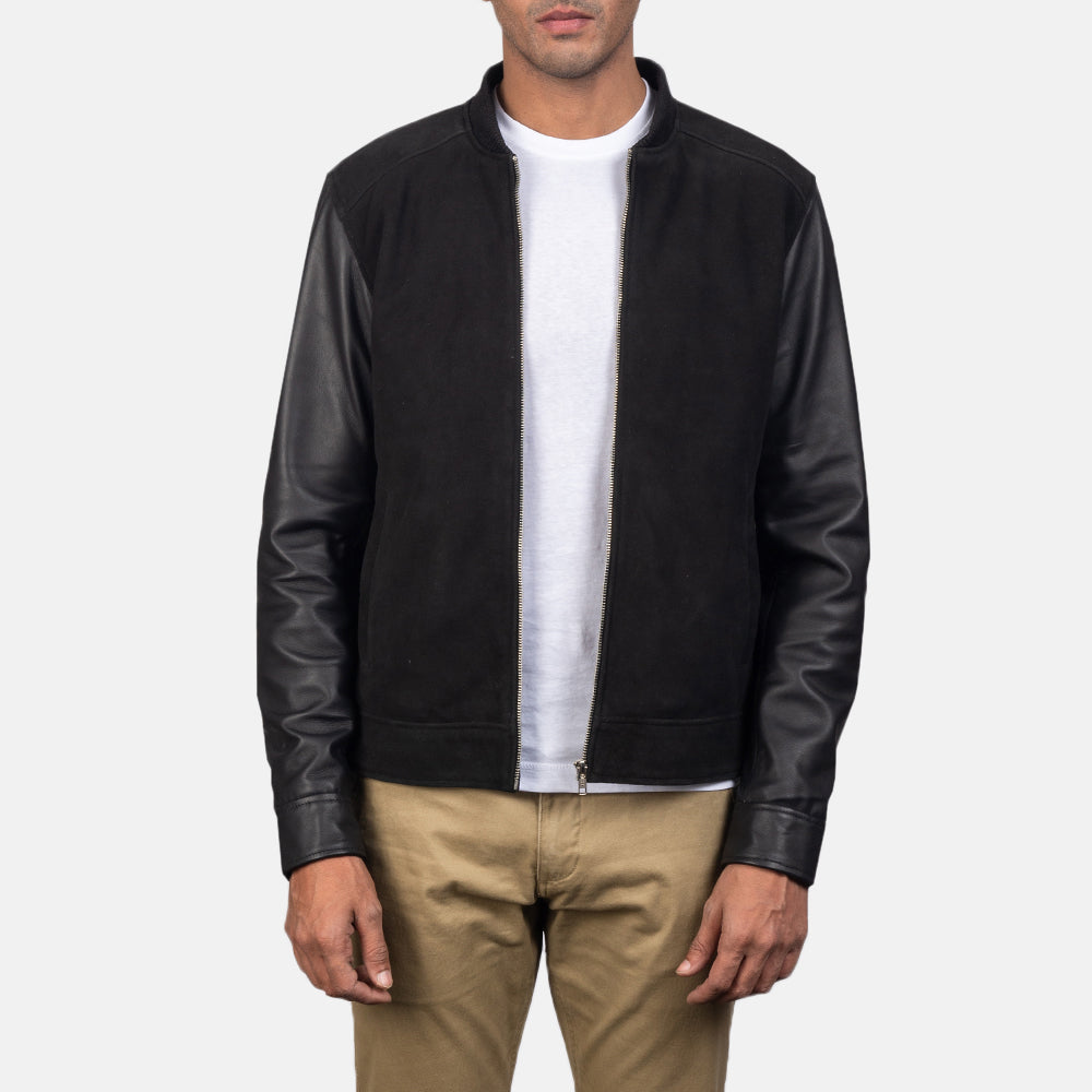 Men's Blain Brown Suede Bomber Jacket in Brown Goatskin Suede - Front Profile View & Tailored Silhouette | Buy Online