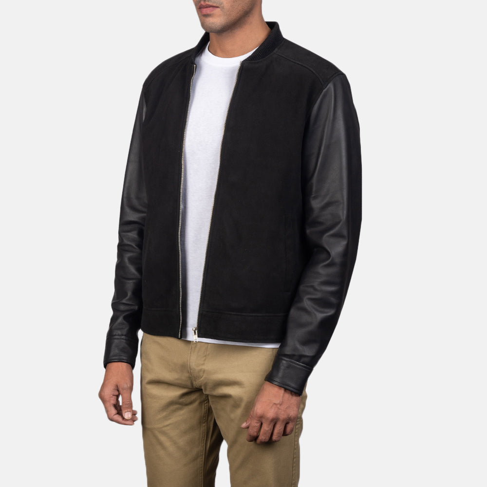Brown Goatskin Suede Bomber Jacket - Back View Showing Tailored Shoulder Fit & Clean Hemline