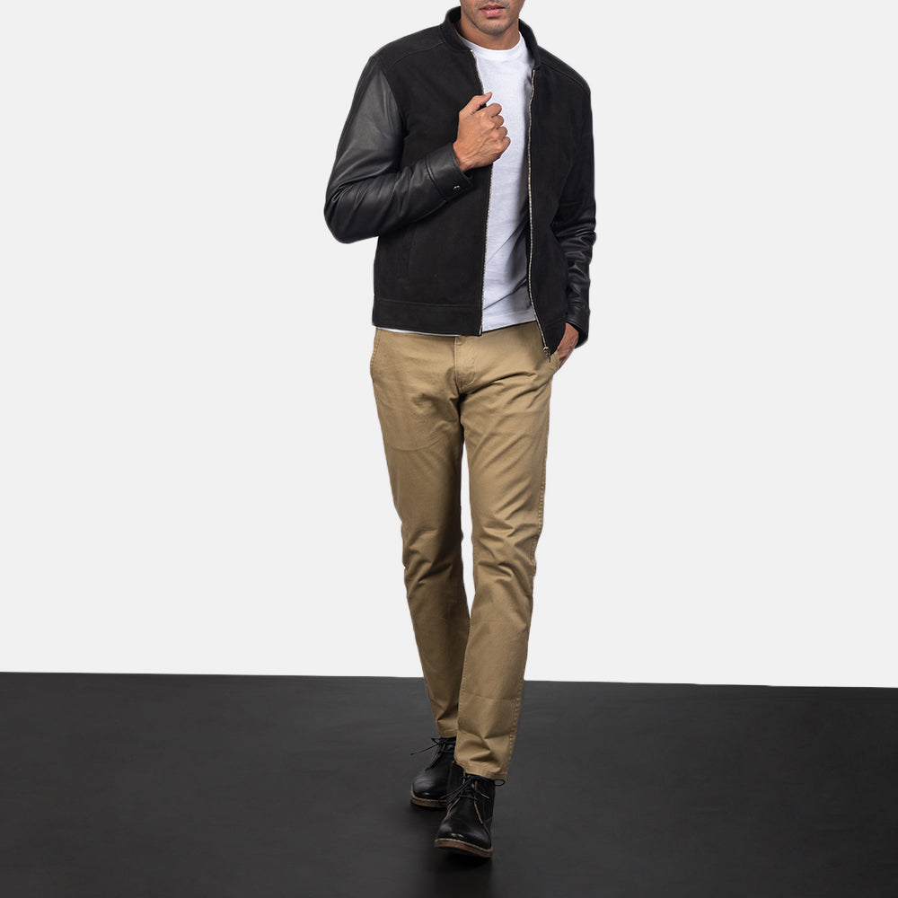 Close-Up Detail of Knit Rib & Zipper Hardware on Men's Blain Brown Suede Bomber Jacket