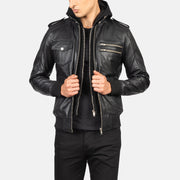 Bravado Black Hooded Leather Bomber Jacket - image 1