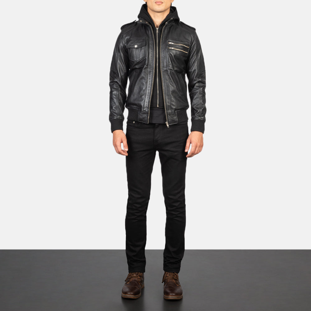 Bravado Black Hooded Leather Bomber Jacket - image 3