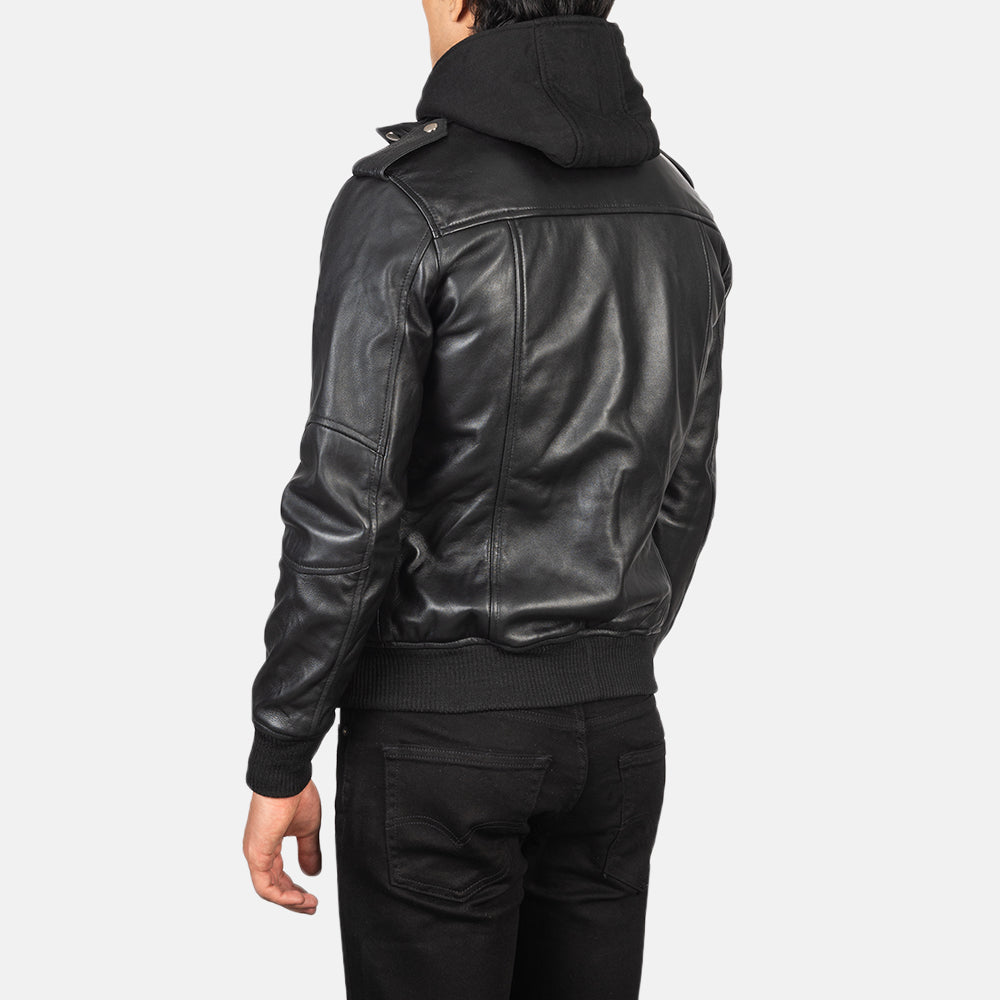 Bravado Black Hooded Leather Bomber Jacket - image 5