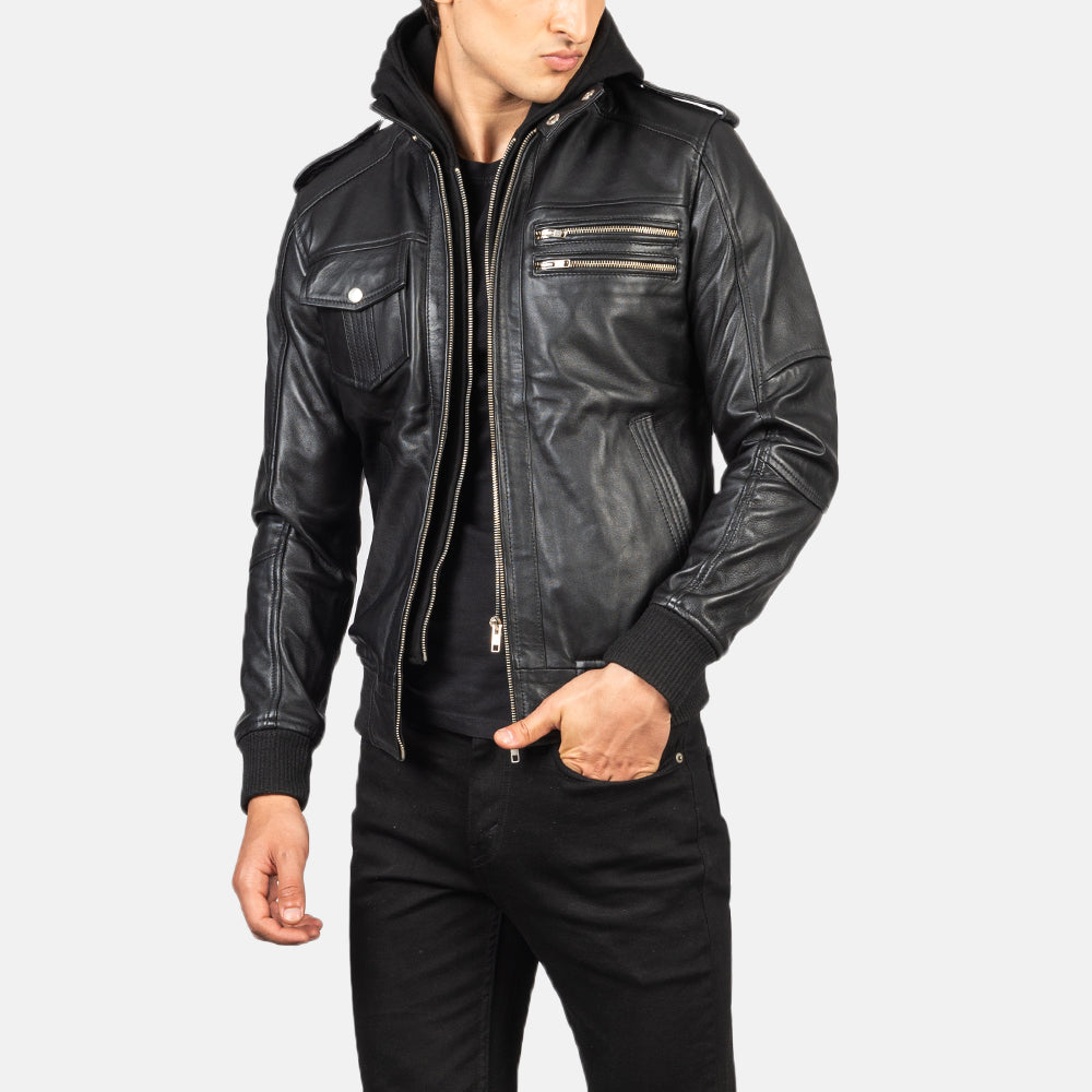 Bravado Black Hooded Leather Bomber Jacket - image 6