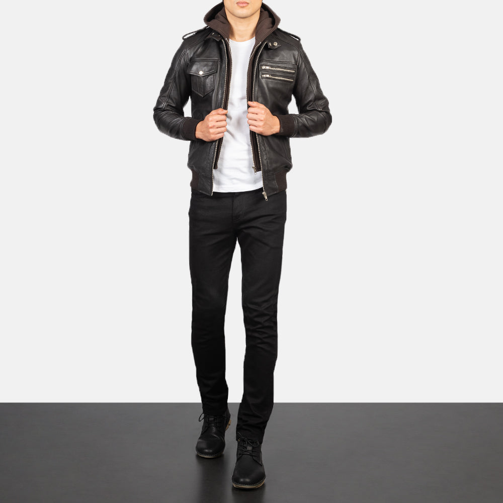 Bravado Brown Hooded Leather Bomber Jacket - image 3